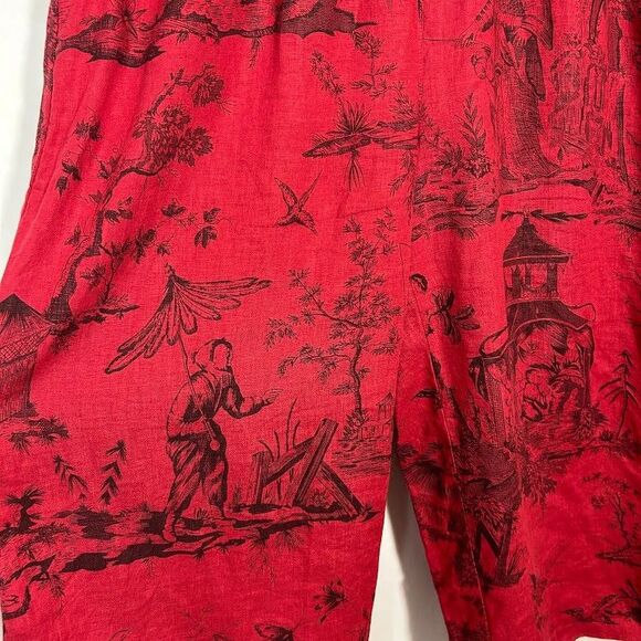 Kleen Womens Linen Wide Leg Pants L Red Asian Inspired Crop Pull On Lagenlook - Picture 7 of 8